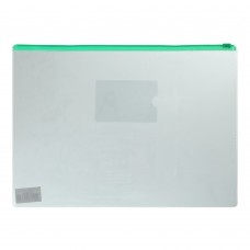 Папка - конверт, на блискавці zip-lock, А4, глянцевий прозорий пластик, зелена блискавка