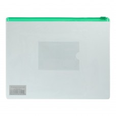 Папка - конверт, на блискавці zip-lock, А5, глянцевий прозорий пластик, зелена блискавка